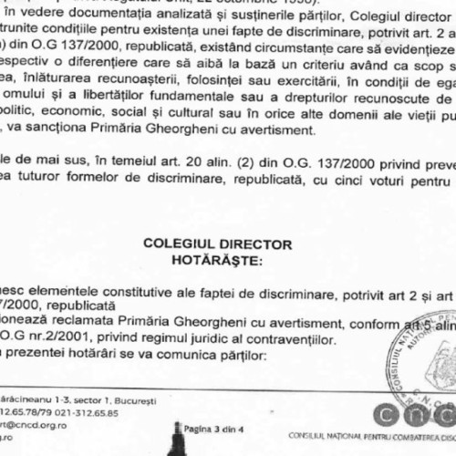 Consiliul Național pentru Combaterea Discriminării sancționează Primăria Gheorgheni pentru discriminare etnică